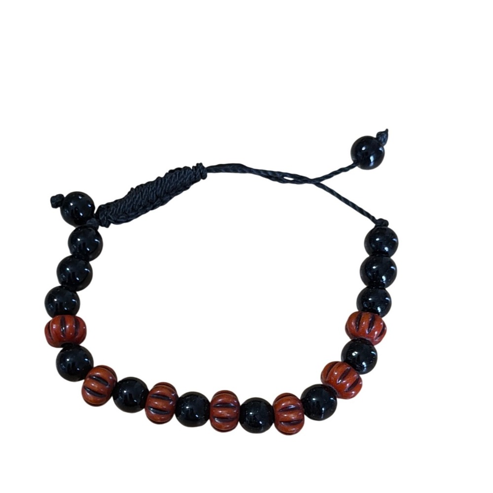 Black and Brown Carved Wood Beaded Adjustable Cord Macrame‎ Bracelet Boho